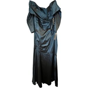 Blue Maxi Gown with Off the Shoulder Neckline and Ruched Bodice for Cocktail